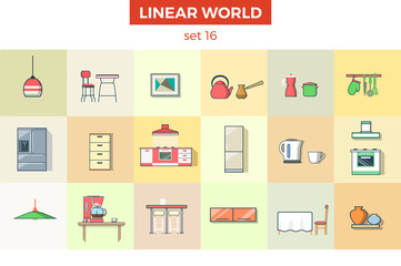 Linear flat kitchen furniture vector illustration. Room interior