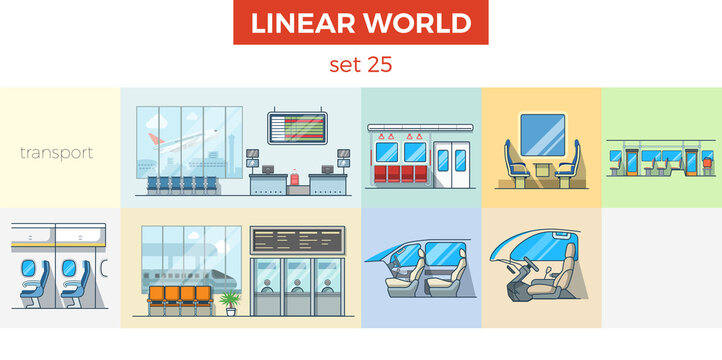 Linear flat car airport train indoor vector set. Room interior