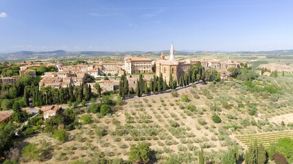 Fototapeta na wymiar Beautiul aerial view of Pienza, Tuscany medieval town on the hill