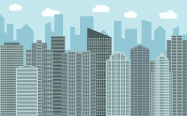 Fototapeta premium Vector urban landscape illustration. Street view with cityscape, skyscrapers and modern buildings at sunny day. City space in flat style background concept. 