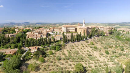 Beautiul aerial view of Pienza, Tuscany medieval town on the hill