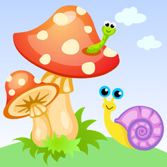 Amanita poisonous mushroom. Caterpillar and snail.