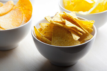 Potato chips in bowl on a table
