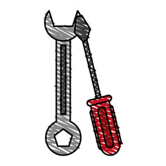 color crayon stripe cartoon set wrench and screwdriver with spade tip tool icon vector illustration