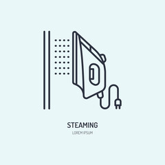 Iron steamer icon, steaming service line flat sign. Logotype for laundry, clothes cleaning.