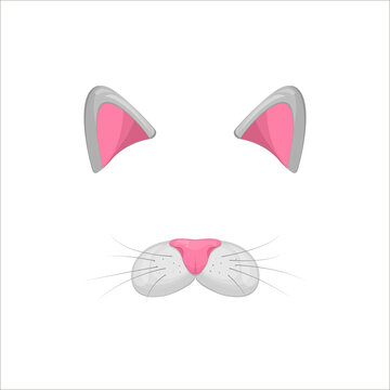 Cat face elements. Vector illustration. Animal character ears and nose. Video chart filter effect for selfie photo decoration. Cartoon grey Cat mask. Isolated on white. Easy to edit.