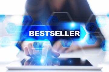 Woman using tablet pc, pressing on virtual screen and selecting bestseller.