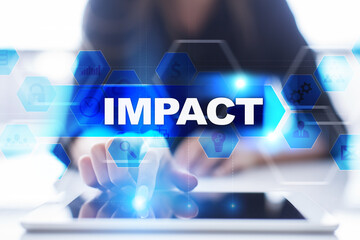 Woman using tablet pc, pressing on virtual screen and selecting impact.