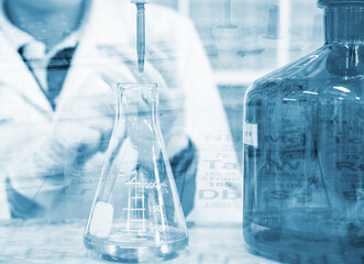 Scientist hand titration with burette and erlenmeyer flask, science laboratory research and development concept