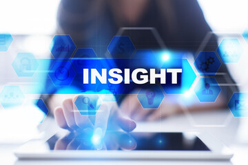 Woman using tablet pc, pressing on virtual screen and selecting insight.