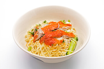 Dry Noodles with Roast Duck on White Background