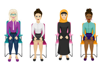 Different nationality business women set. Women are sitting on the office chair.