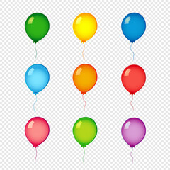 Colored helium balloons on transparent background. Green, yellow, blue, orange, red and violet color helium balloons vector set