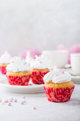 Vanilla cupcakes with white frosting cream and pink sprinkles on light gray background. Birthday party food concept. Copy space.