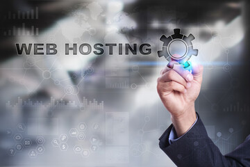 Businessman is drawing on virtual screen. web hosting concept.
