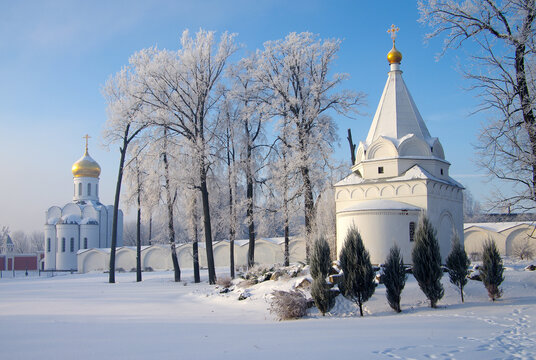 Dzerzhinsky, Russia - December, 2016: Ugresha Monastery in a foggy winter day
