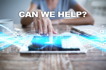 Woman using tablet pc, pressing on virtual screen and selecting can we help.