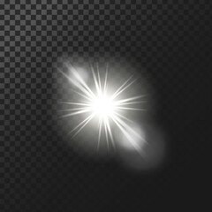 Fototapeta premium Vector illustration of a white glowing light effect with rays and lens flares isolated on a dark translucent background
