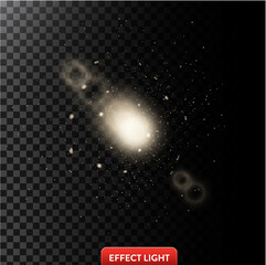 Vector illustration of a white glowing light effect with lens flares and small sparks isolated on a dark translucent background