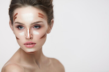 Beauty Cosmetics. Sexy Woman With Makeup Contour Lines On Face