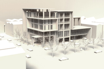 3d building mass model wood and white