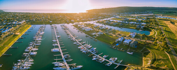 Aerial panorama of Safety beach suburb and marina with Port Phillip Bay as background. Melbourne...