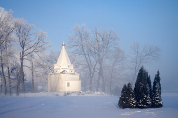 Ugresha Monastery in a foggy winter day, Russia