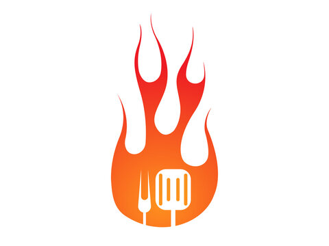 BBQ icon logo. Grill fork and spatula on a fire shape background