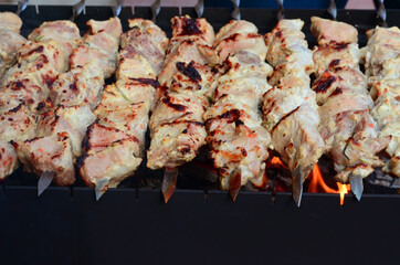 juicy shish kebab on skewers on the grill