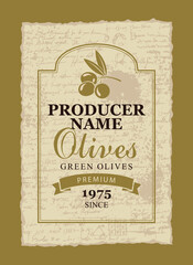 vector label for green olives with a branch and olives on the background of the manuscript in a ragged frame