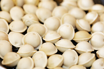 Raw dumplings lie in a skillet, Russian and Chinese dumplings