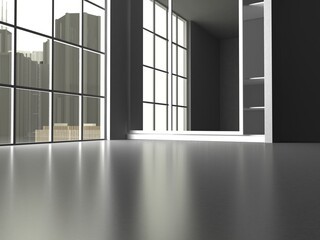 Obraz na płótnie Canvas Modern interior design. City landscape in window. 3d rendering illustration.