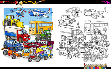 Fototapeta na wymiar transport vehicles group coloring page