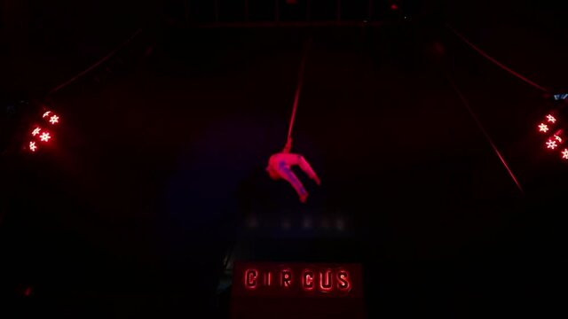 Air gymnast performs acrobatic stunts under the dome of the circus