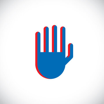 Stop hand gesture, vector prohibition sign. Modern art illustration of human hand raised and symbolizing restriction, forbidden concept sign created in flat design style.