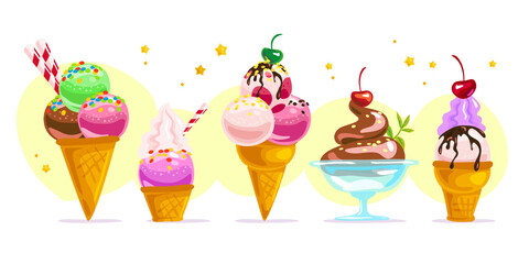 Vector flat ice cream illustration in cartoon style.