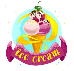 Vector flat ice cream illustration in cartoon style.