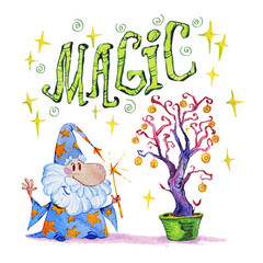 Obraz na płótnie Canvas Artistic watercolor hand drawn magic illustration with stars, wizard and magic tree isolated on white background. Hand written font, lettering. Fairy tale magician. Children illustration.
