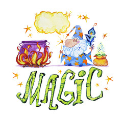 Artistic watercolor hand drawn magic illustration with stars, wizard, pot on fire, feather and magic powder in small bag isolated on white background. Fairy tale magician. Children illustration.