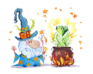 Artistic watercolor hand drawn magic illustration with stars, wizard in big hat, pot on fire magic diamond isolated on white background. Fairy tale magician. Children illustration.