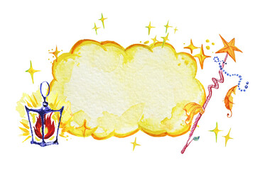 Artistic watercolor hand drawn magic illustration with fairy yellow cloud, stars, wizard wand and lantern isolated on white background. Fairy tale magician. Children illustration.