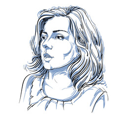 Monochrome vector hand-drawn image, amazed young woman. Black and white illustration of white skin serious girl.