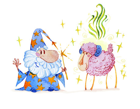 Artistic watercolor hand drawn magic illustration with stars, wizard and pink sheep isolated on white background. Fairy tale magician. Children illustration.