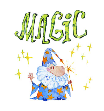 Watercolor artistic collection of magic hand drawn elements design isolated on white background. Wizard, lettering, smoke, fire, magic wand, crystal and powder set. Fairy tale children illustration.