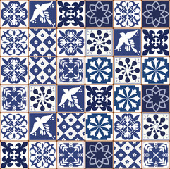 Blue Portuguese tiles pattern - Azulejos vector, fashion interior design tiles 
