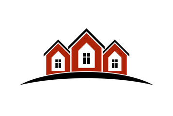 Colorful holiday houses vector illustration, home image with horizon line. Touristic and real estate creative emblem, cottages front view.