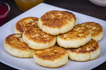 Delicious homemade cheese pancakes close-up