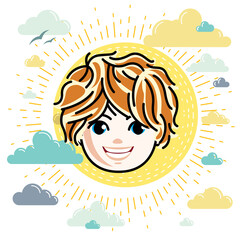 Caucasian type girl face expressing positive emotions, vector human head illustration. Beautiful redhead happy child with stylish haircut.