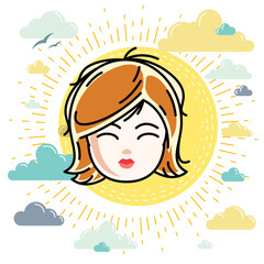 Girls face, human head. Vector character, beautiful red-haired teenager with stylish haircut.