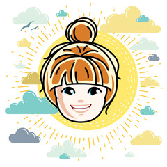 Caucasian type girl face expressing positive emotions, vector human head illustration. Beautiful redhead happy child with stylish haircut.